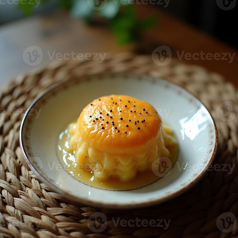 Serving of Sweet Custard Dessert Topped with Small Black Seeds photo