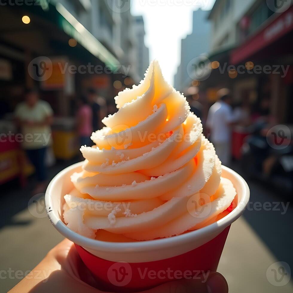 Holding a Swirl of Soft Serve Ice Cream in Sunny City Street photo