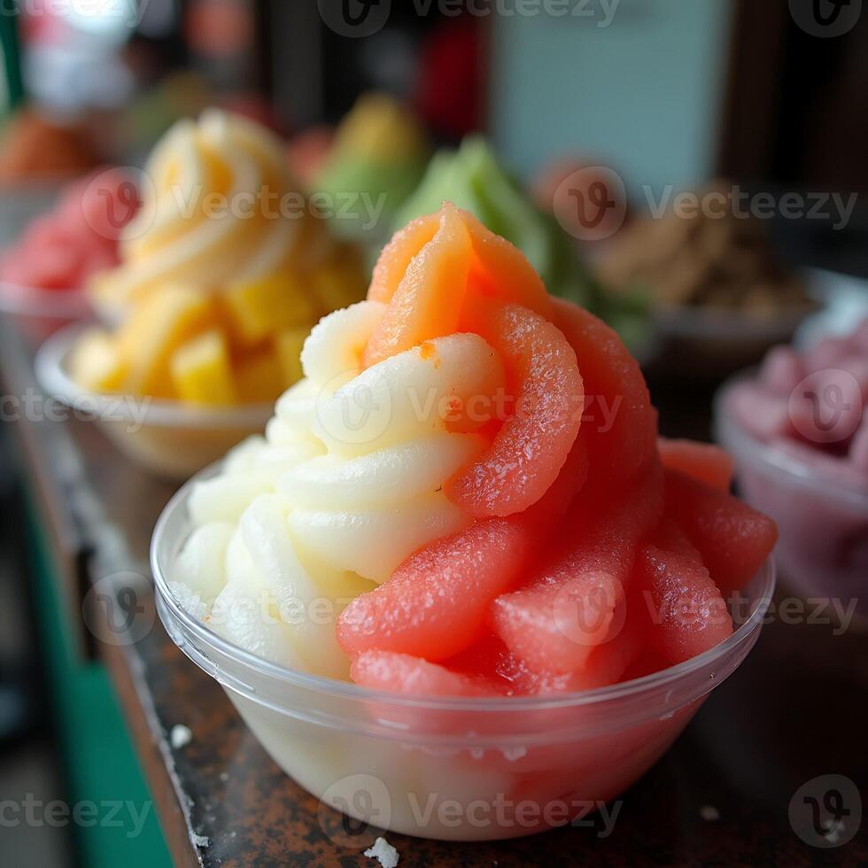 Serving of Colorful Shaved Ice Desserts in Cups Close Up photo