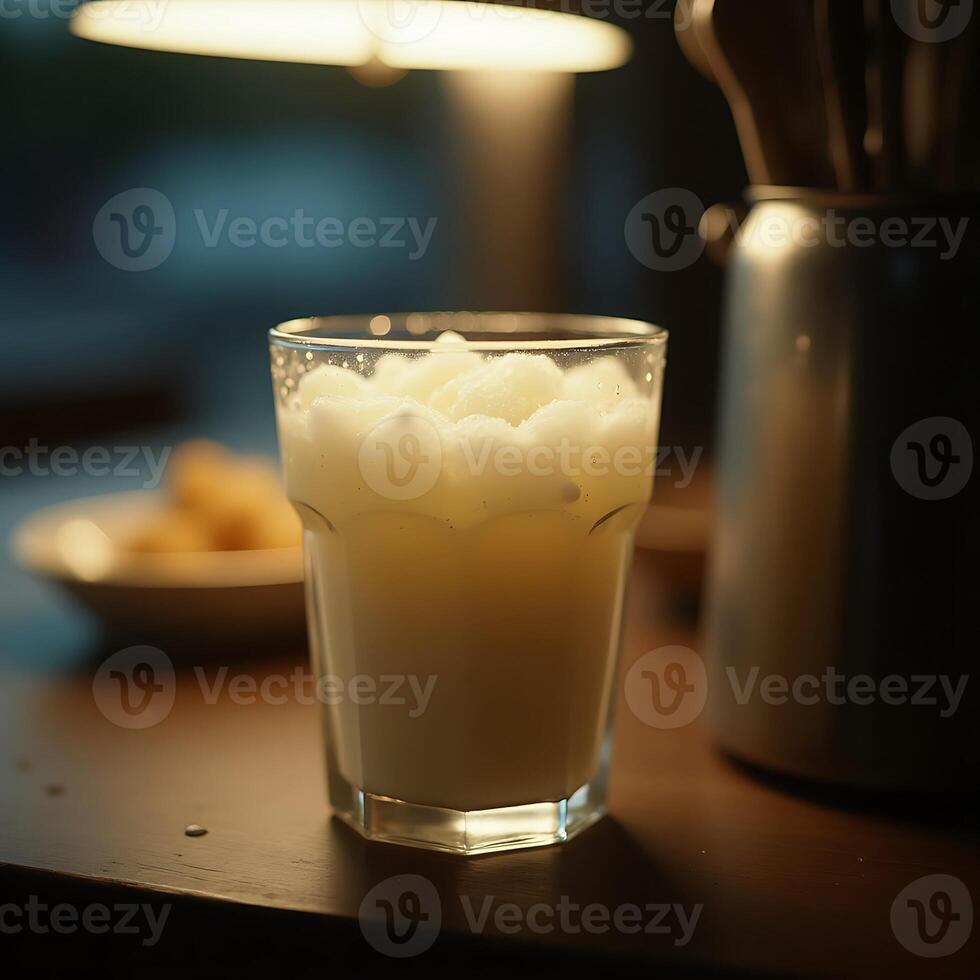 Drink with Foam Topping in Glass on Dark Wood Surface photo