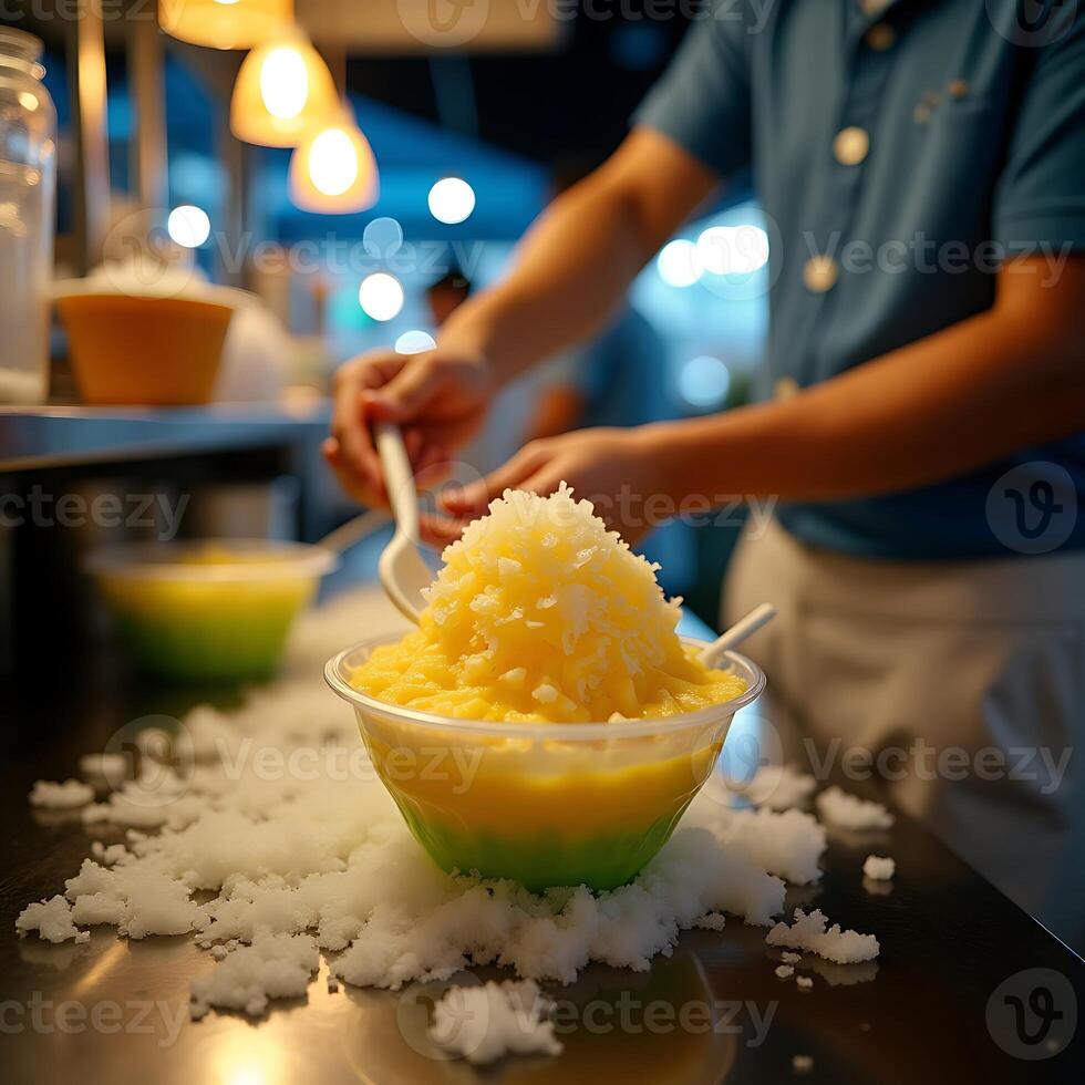 Preparing Refreshing Shaved Ice Dessert with Yellow Topping photo