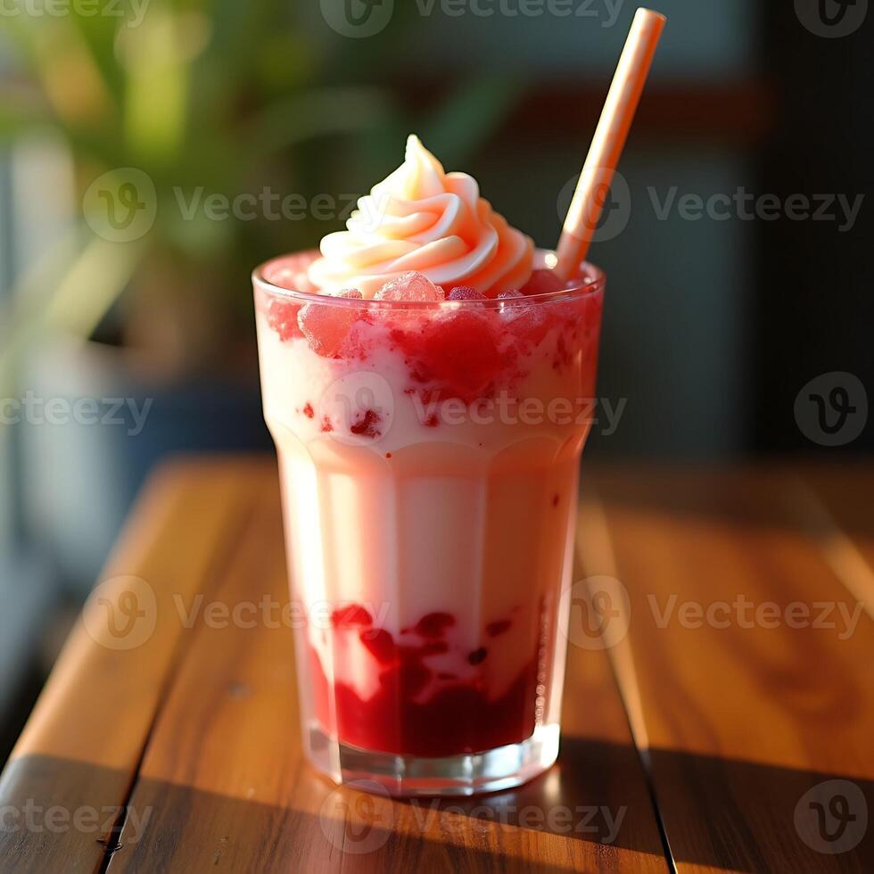 Refreshing Fruit Smoothie in Glass on Wooden Table in Soft Light photo