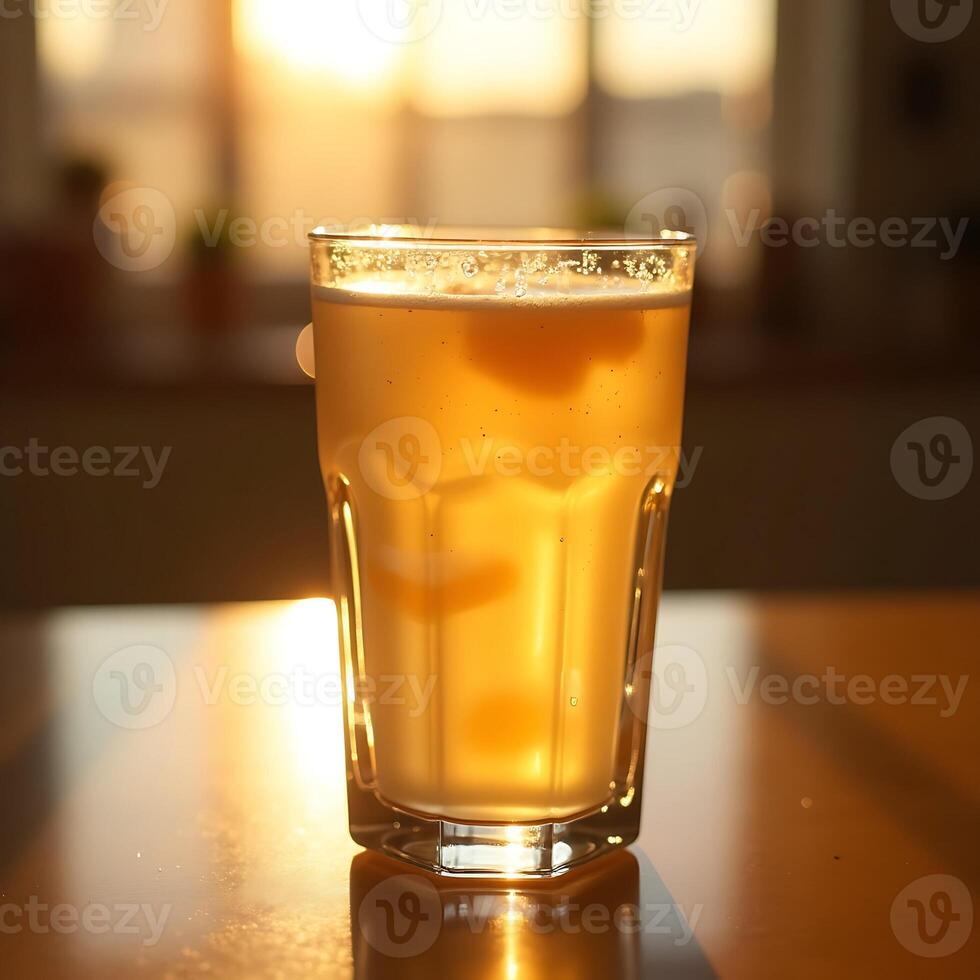 Refreshing Drink in Glass with Evening Light and Bubbles photo