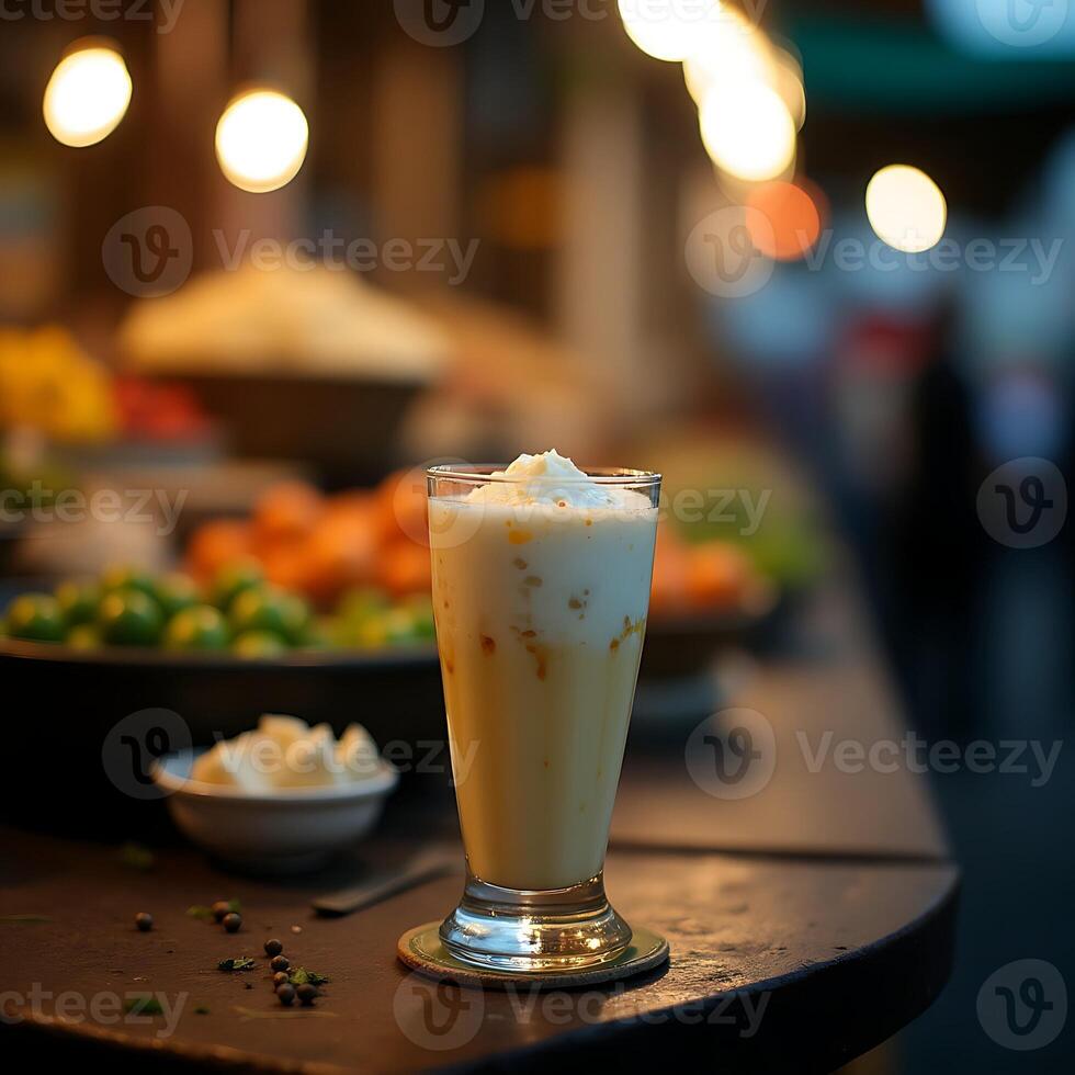 Refreshing Smoothie in Glass on Dark Table Food Market photo