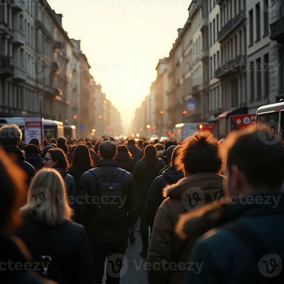Crowd Walking Down City Street at Sunset with Golden Light photo