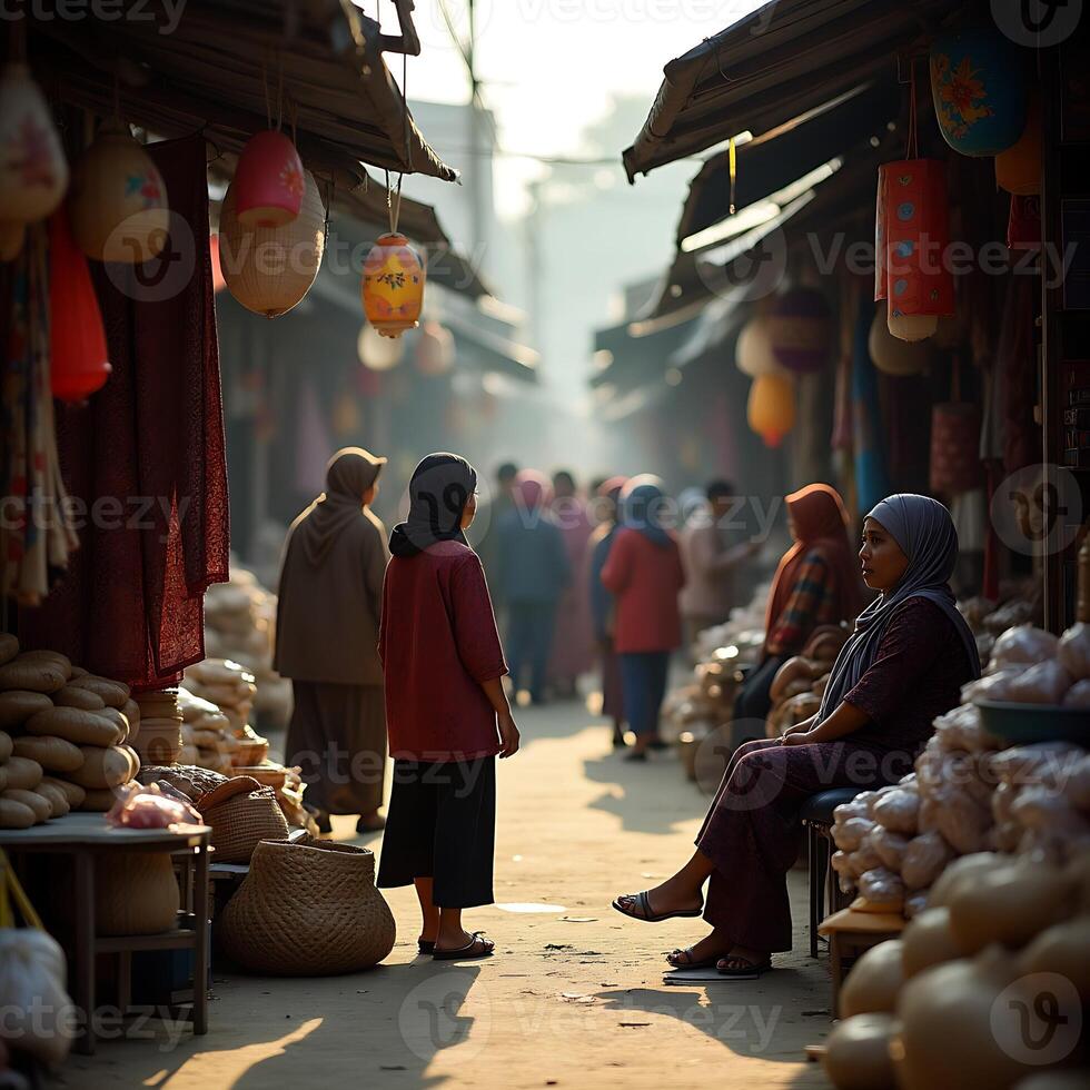 People at Outdoor Market with Lanterns and Produce Shopping photo