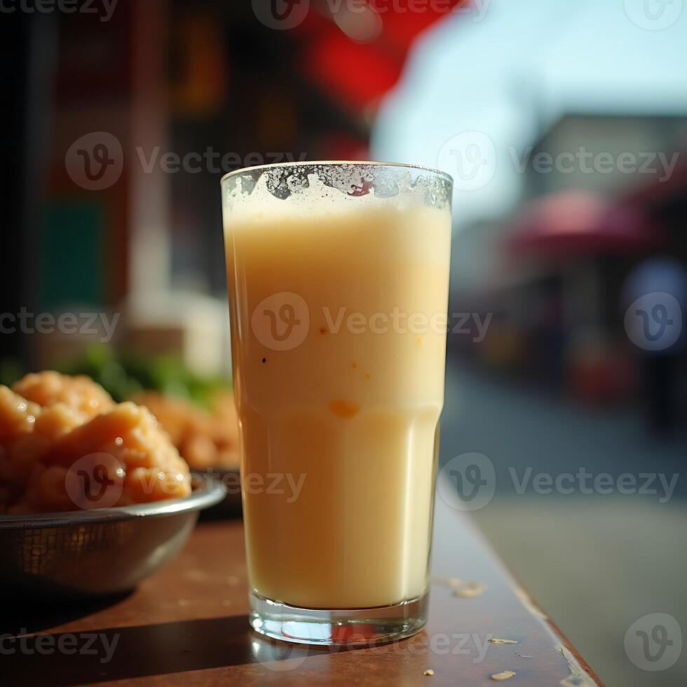 Enjoying a Creamy Beverage with Street Food in Outdoor Setting photo