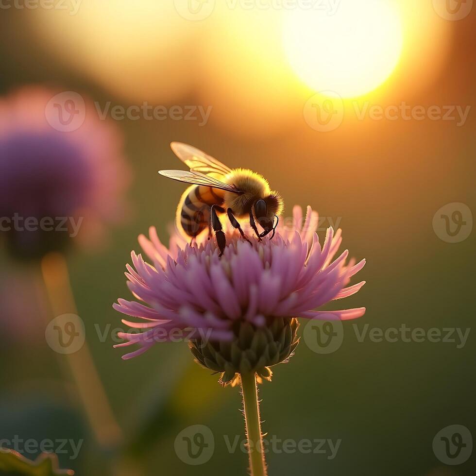 Bee Pollinating a Pink Flower at Sunset Gathering Nectar photo