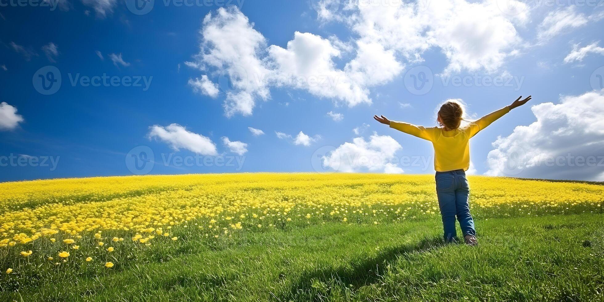 Happy Girl in Yellow Shirt in a Field of Yellow Flowers photo