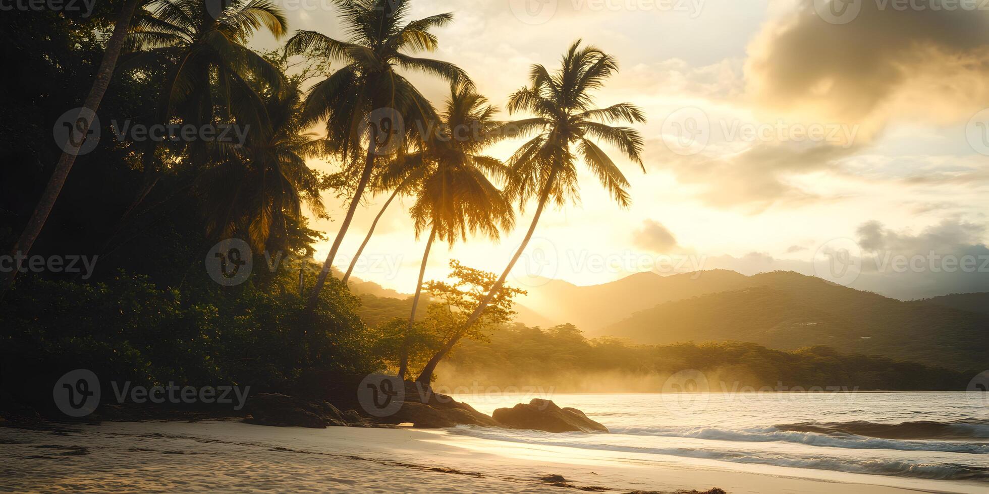 Tropical beach sunset palm trees, golden light, ocean waves photo
