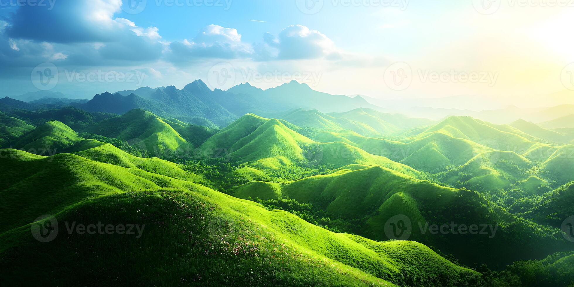 Lush Green Mountains and Rolling Hills Landscape photo