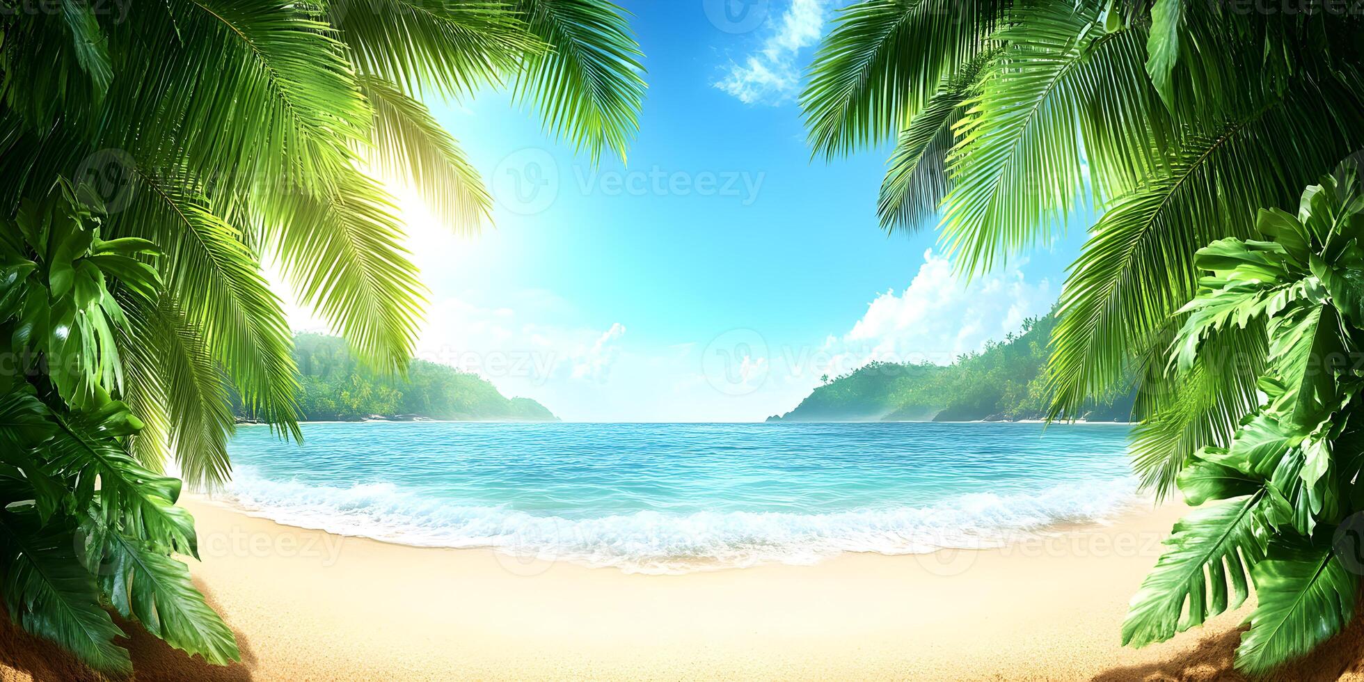 Tropical Beach Scene with Palm Trees and Ocean photo