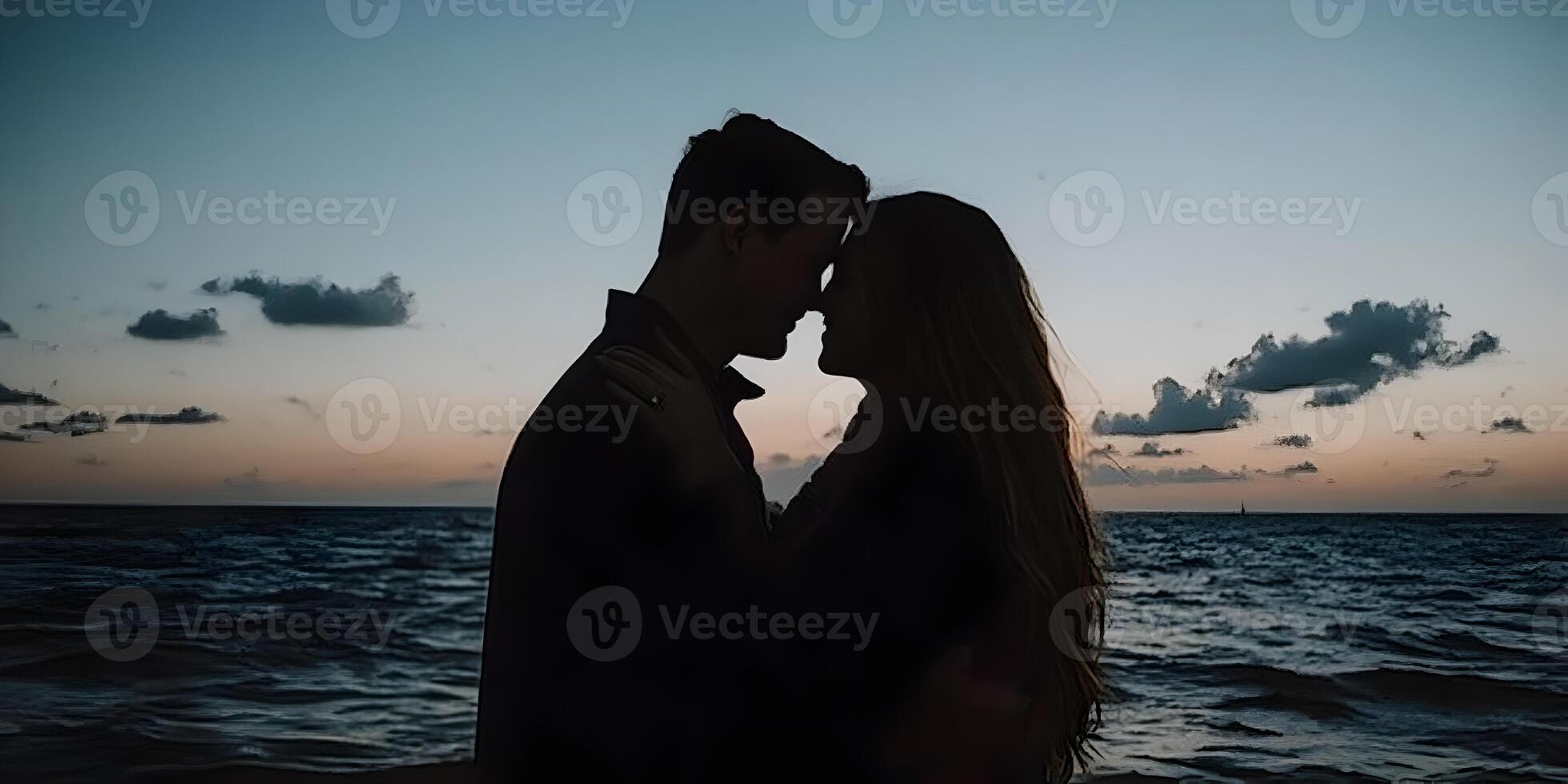Silhouette Couple Romantic Sunset Ocean Beach photo