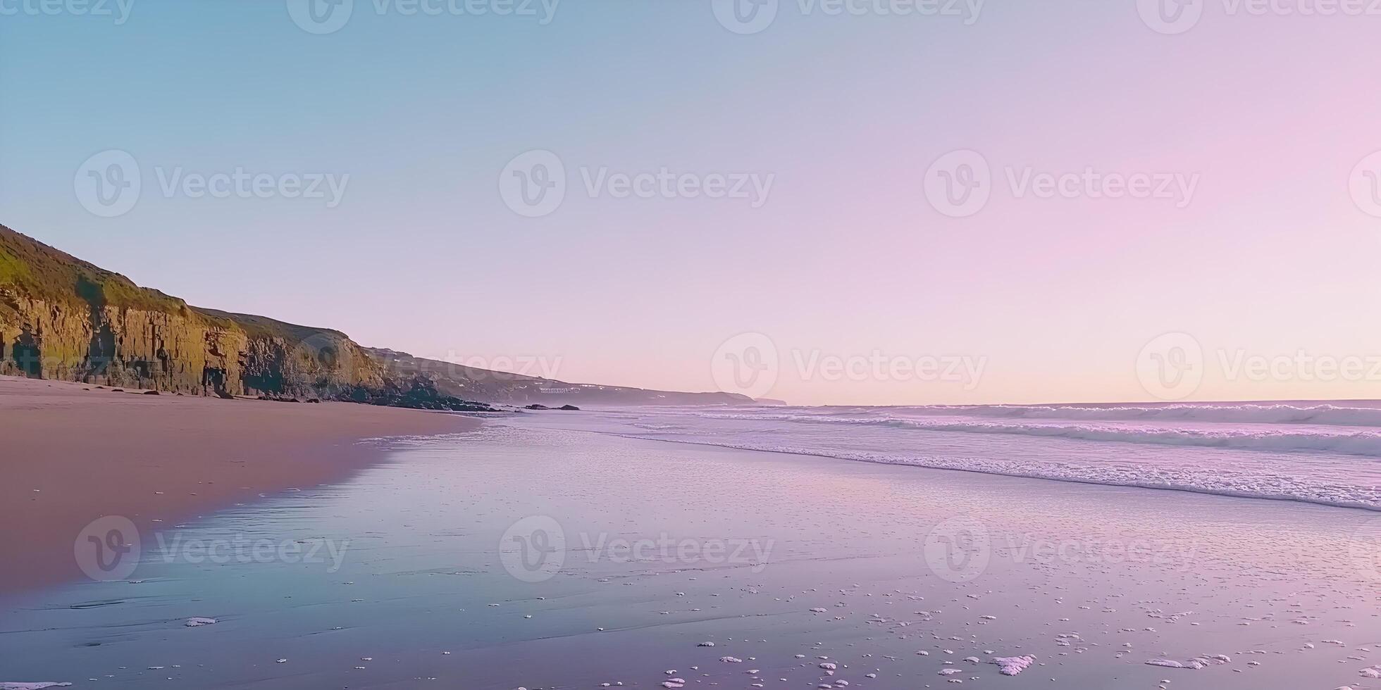 Pastel Sunset Beach with Cliffs photo