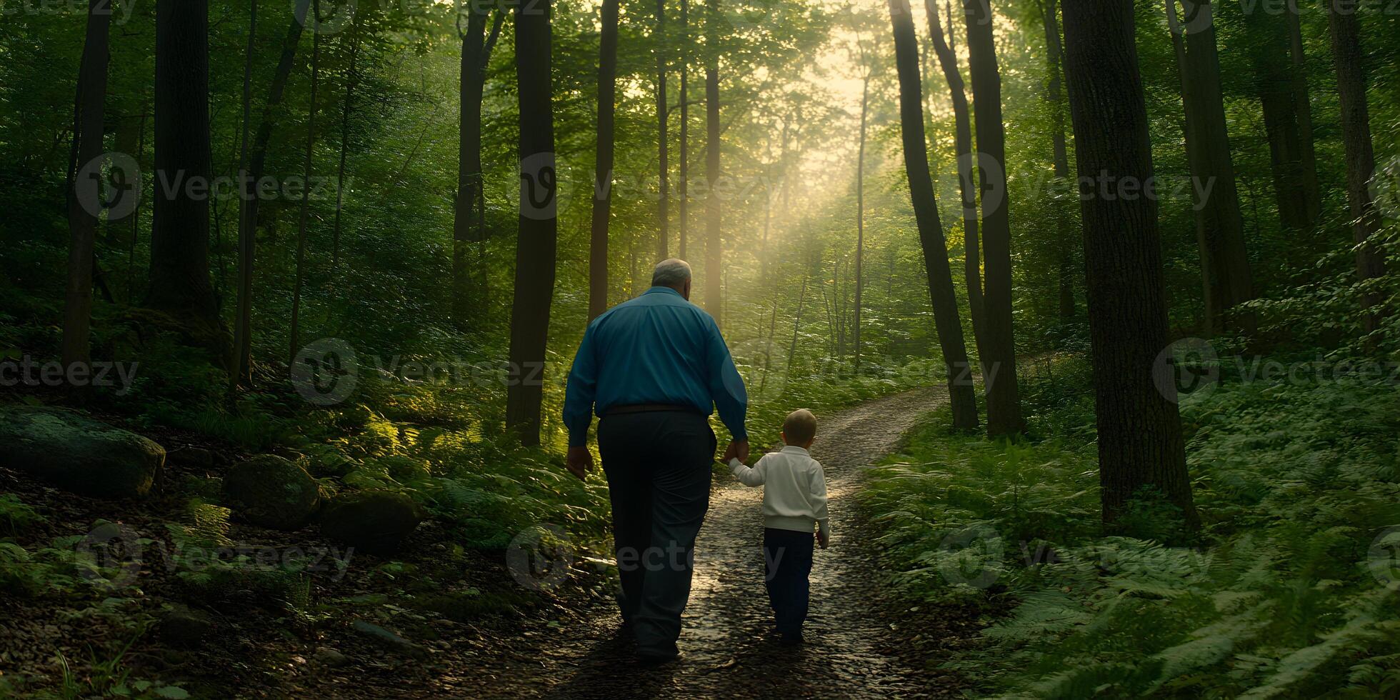 Grandfather and Grandson Walking in Forest Path, Sunbeams photo
