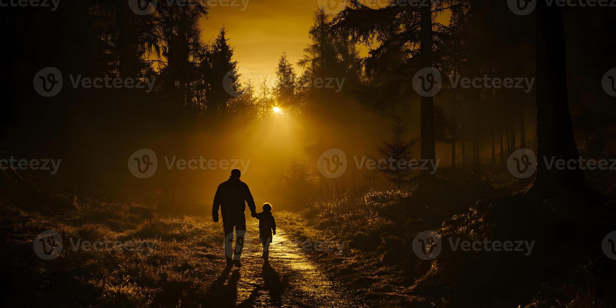 Silhouette of Father and Child Walking in Misty Forest at Sunset photo