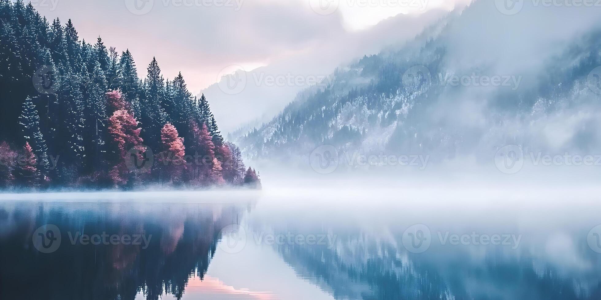 Misty Mountain Lake with Reflections and Pink Trees photo
