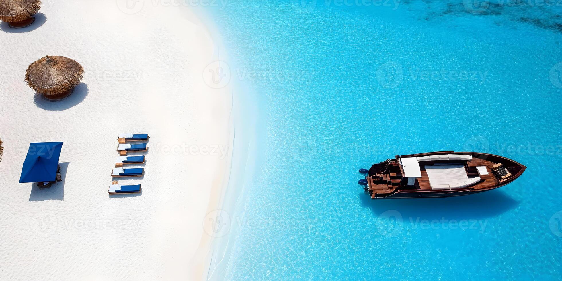 Luxury Boat on Tropical Beach with Cabanas and Lounge Chairs photo