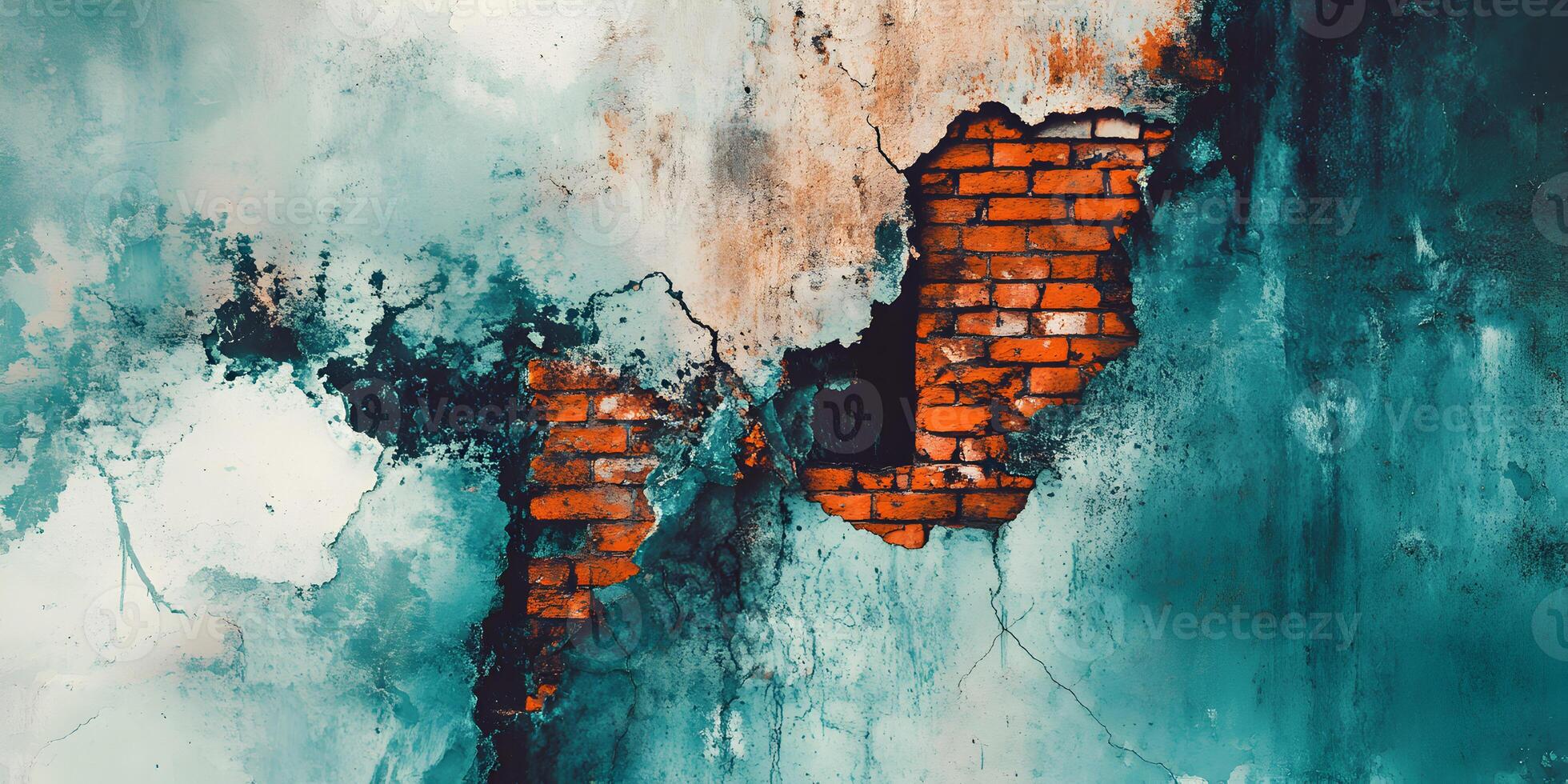 Distressed Teal Wall with Exposed Brick photo