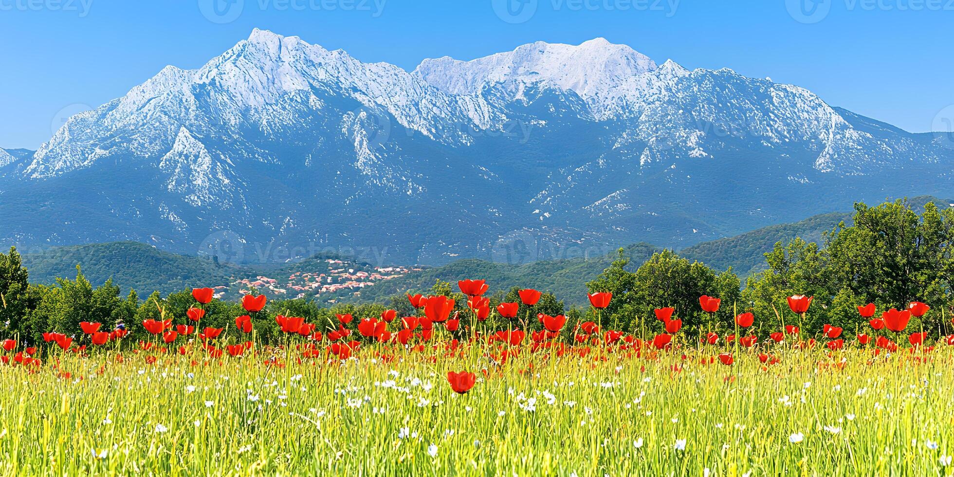 Red Tulips Meadow with Snow-capped Mountain Background photo