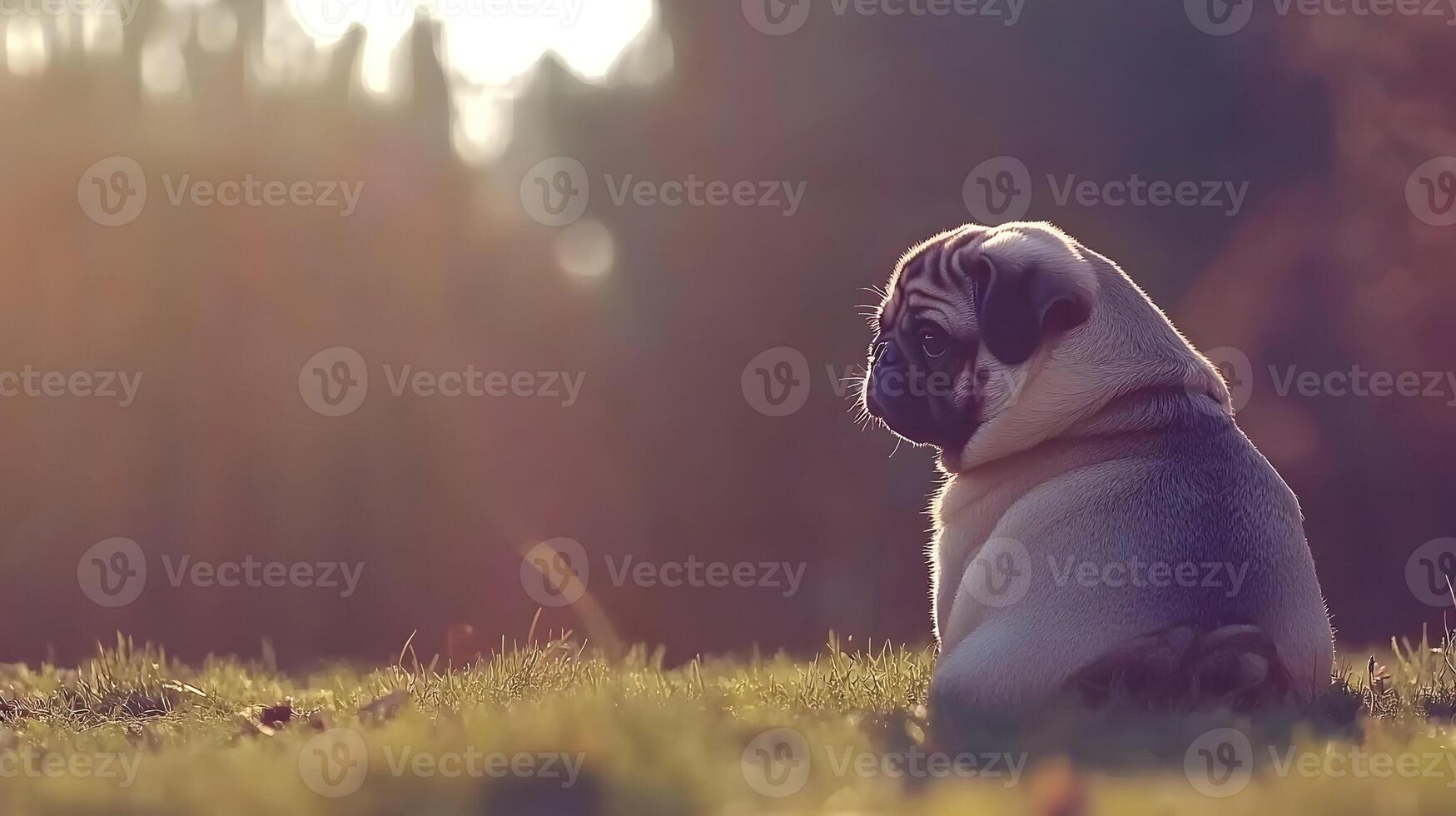 Adorable Pug Puppy Sitting in Grass at Sunset photo