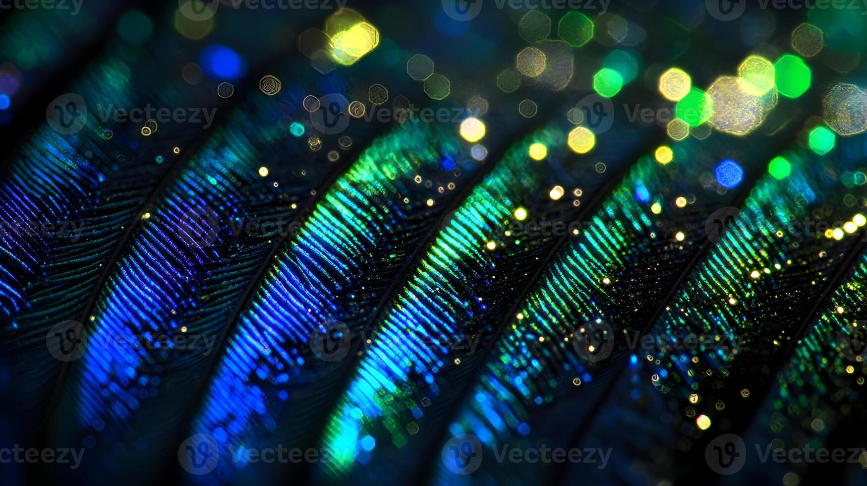 Close-up of iridescent peacock feathers with bokeh lights photo
