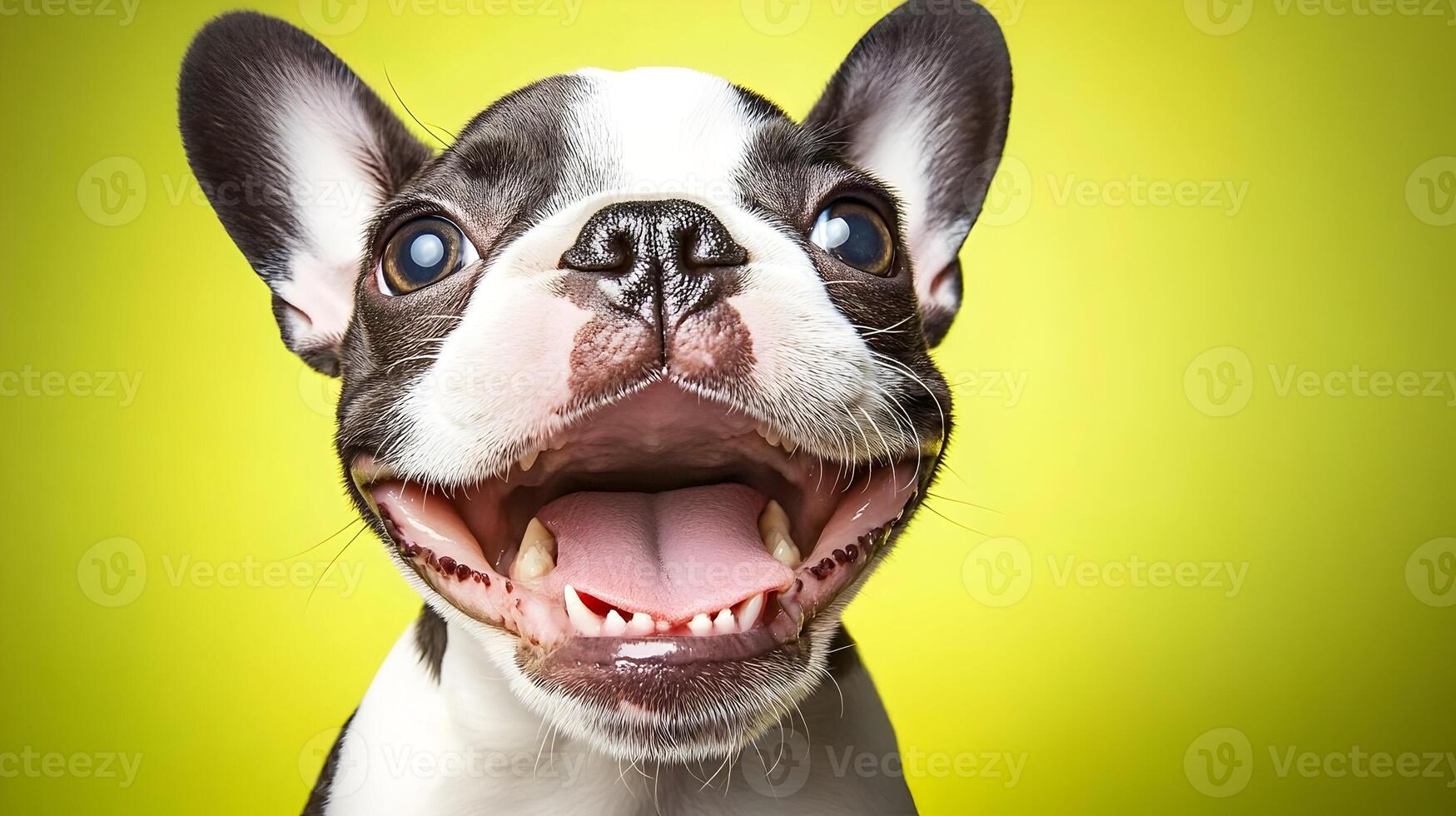 Front Happy French Bulldog Puppy on Yellow Background photo