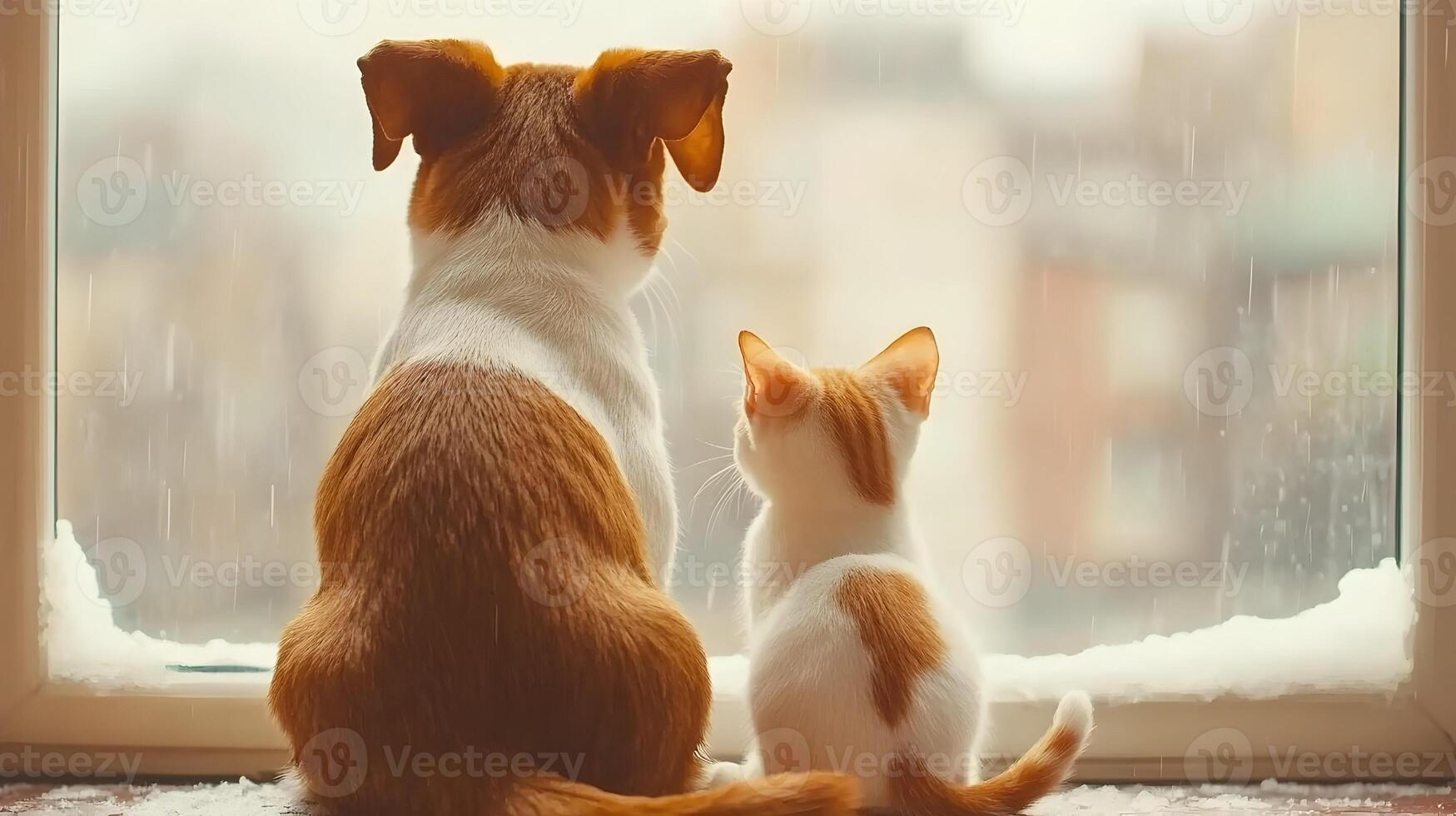 Dog and Cat Looking Out Snowy Window photo
