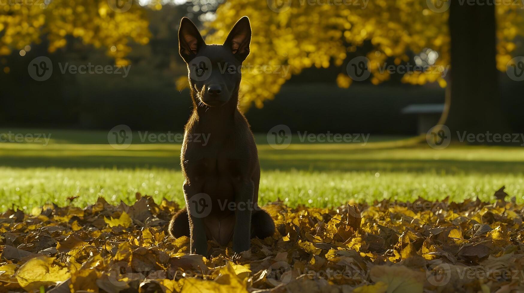 Brown Puppy Sitting in Autumn Leaves photo