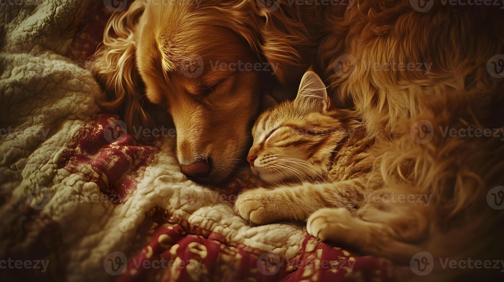 Golden Retriever Dog and Ginger Cat Sleeping Together photo