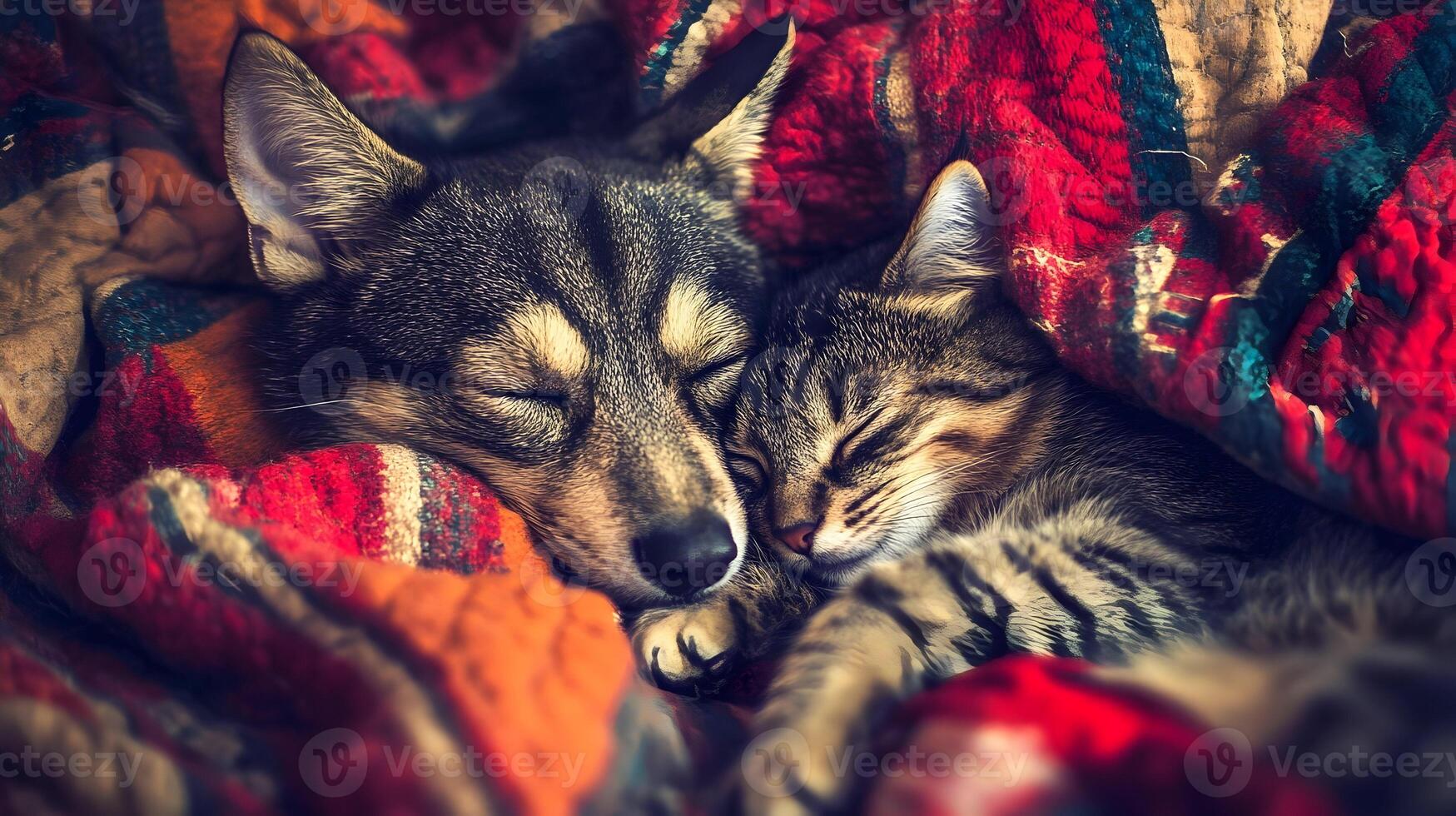 Sleeping Dog and Cat Cuddle on Colorful Blanket photo