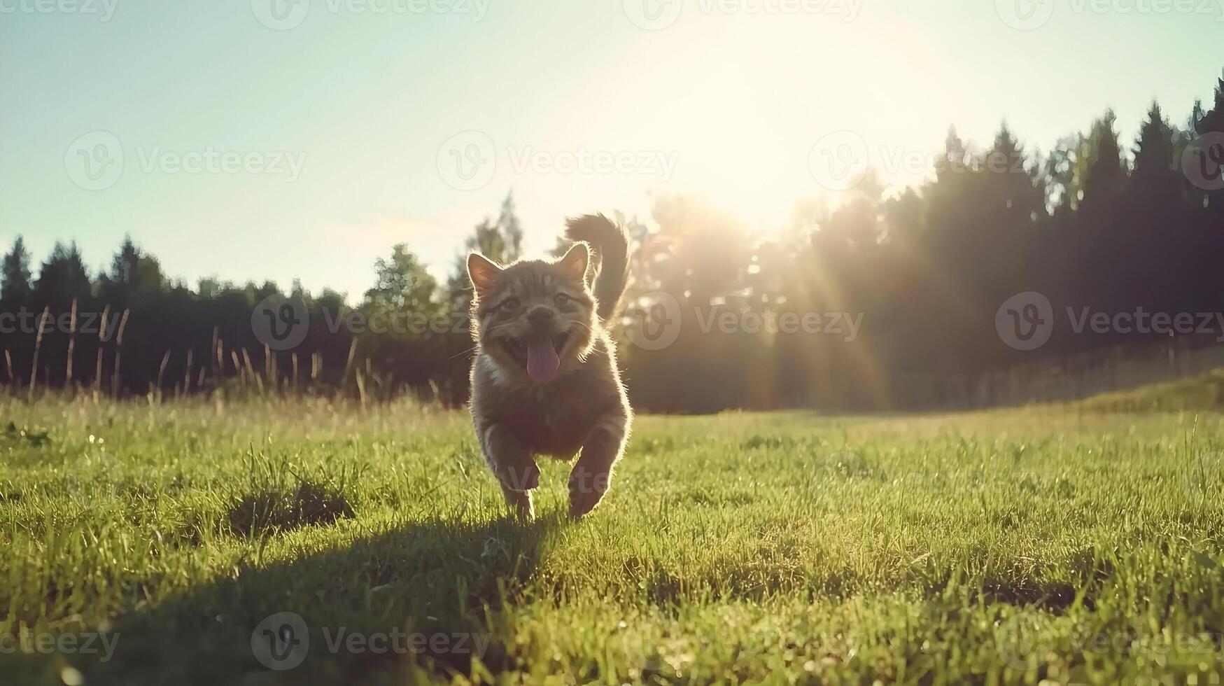 Happy Puppy Running in Sunset Meadow photo