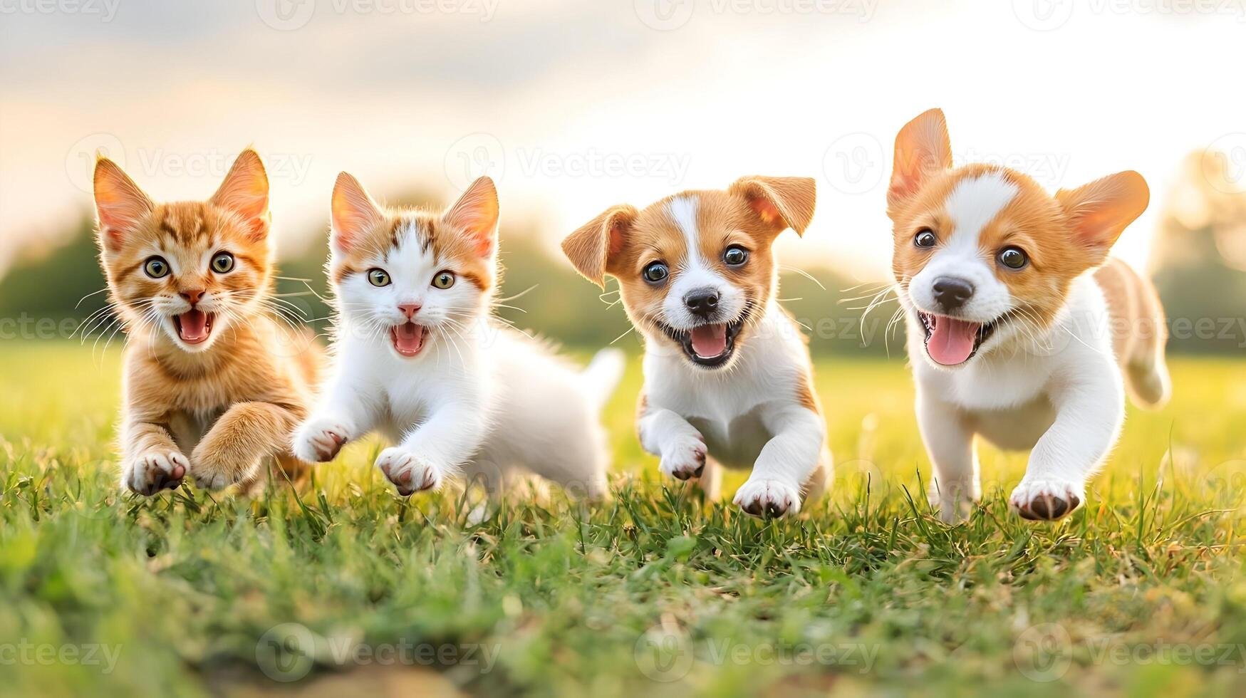 Happy Kittens and Puppies Running in Grass photo