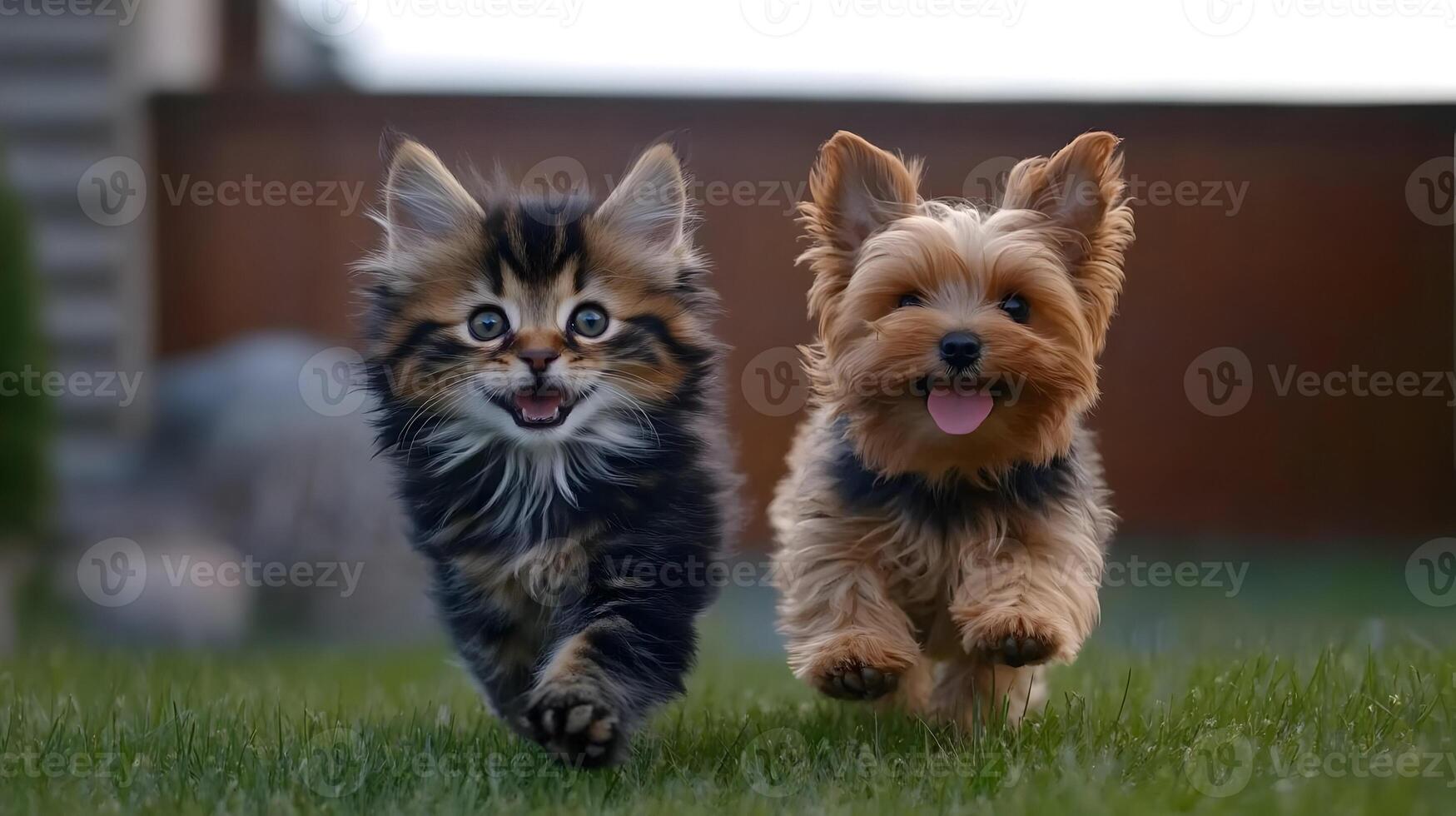 Happy Kitten and Yorkshire Terrier Puppy Running in Grass photo