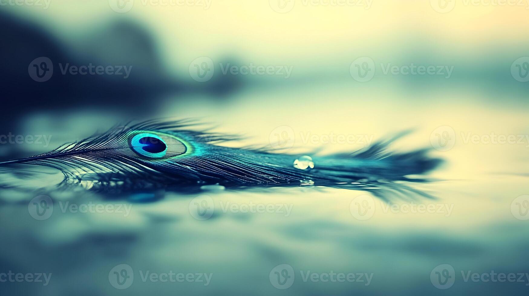 Single Peacock Feather on Water, Teal and Blue Tones photo