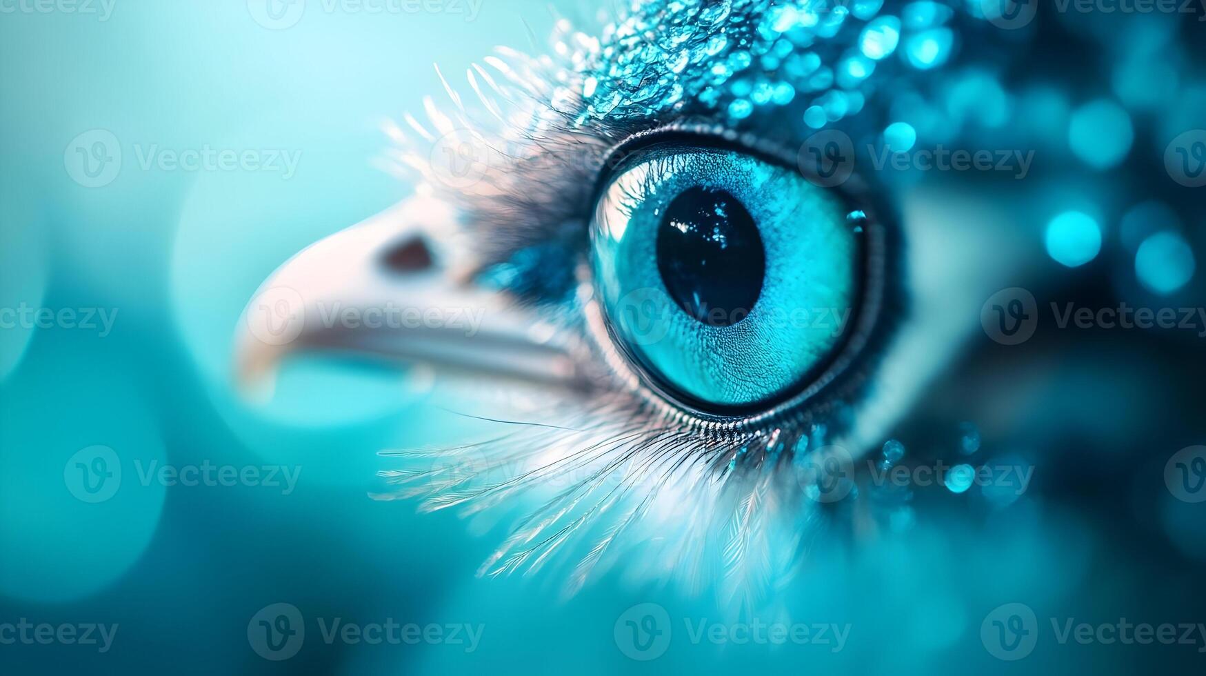 Close-up of a Bird's Eye with Teal Feathers and Water Droplets photo