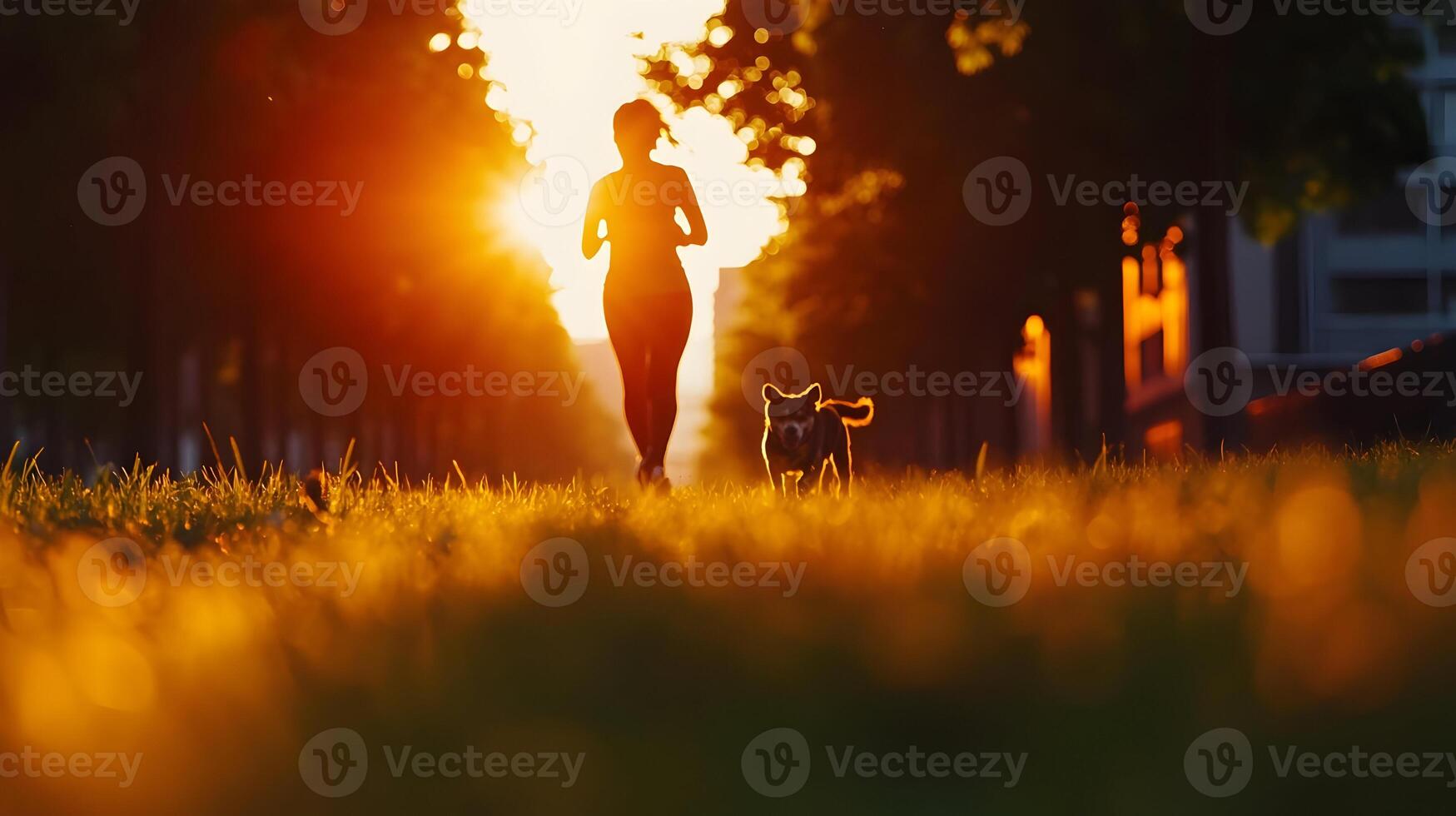 Silhouette of Woman Jogging with Dog at Sunset photo