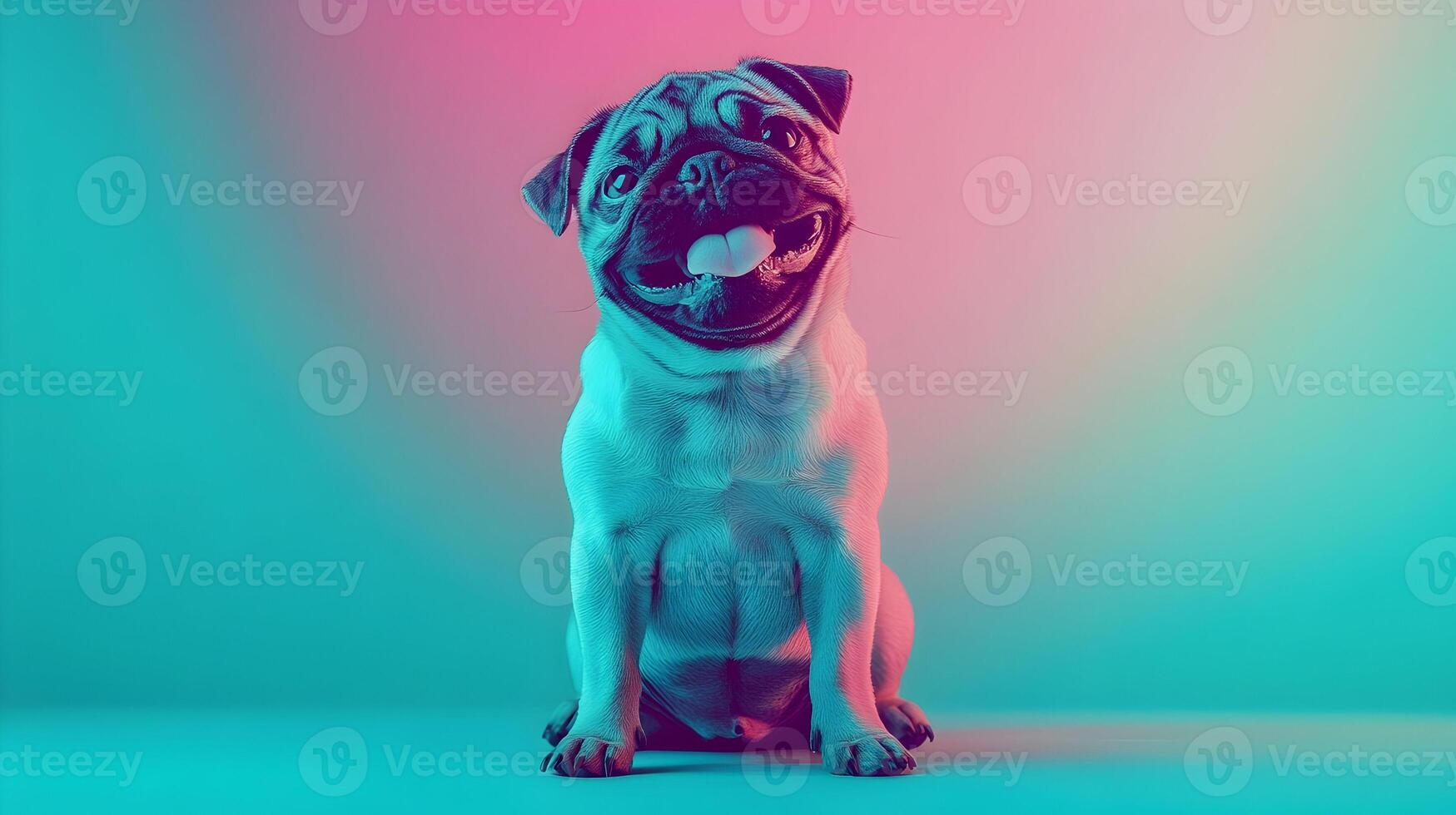 Happy Pug Dog in Neon Pink and Blue Light photo