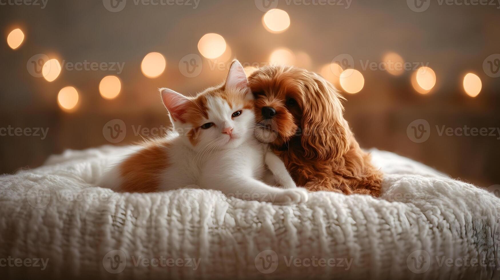 Cute Kitten and Cavapoo Puppy Cuddle on Cozy Blanket photo