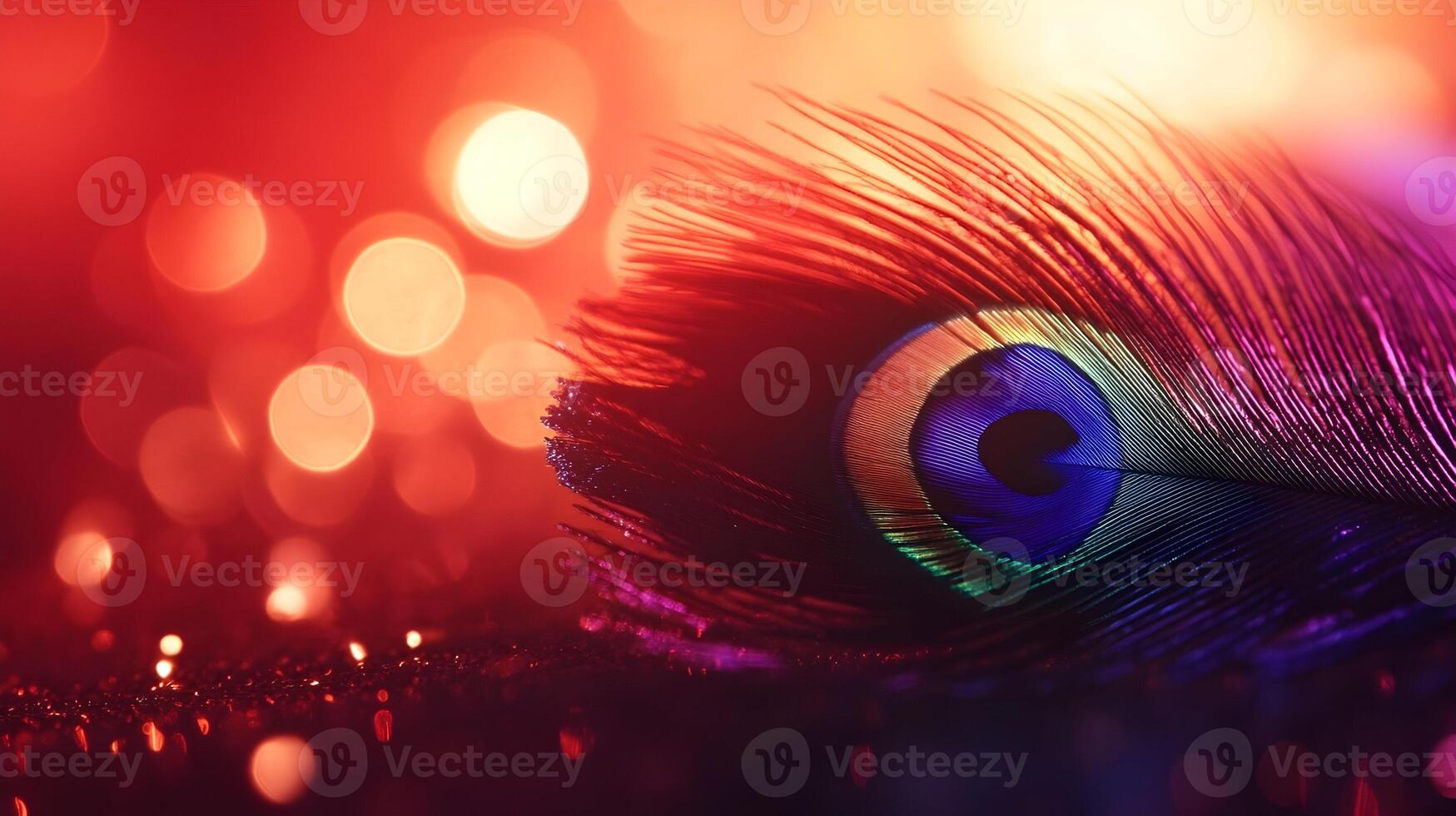 Close-up of Vibrant Peacock Feather with Red Bokeh Lights photo