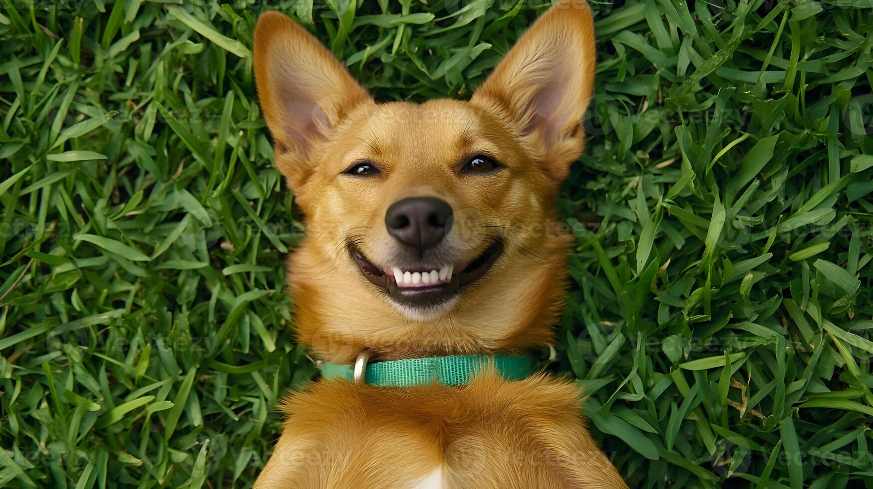 A smiling dog laying in the grass photo