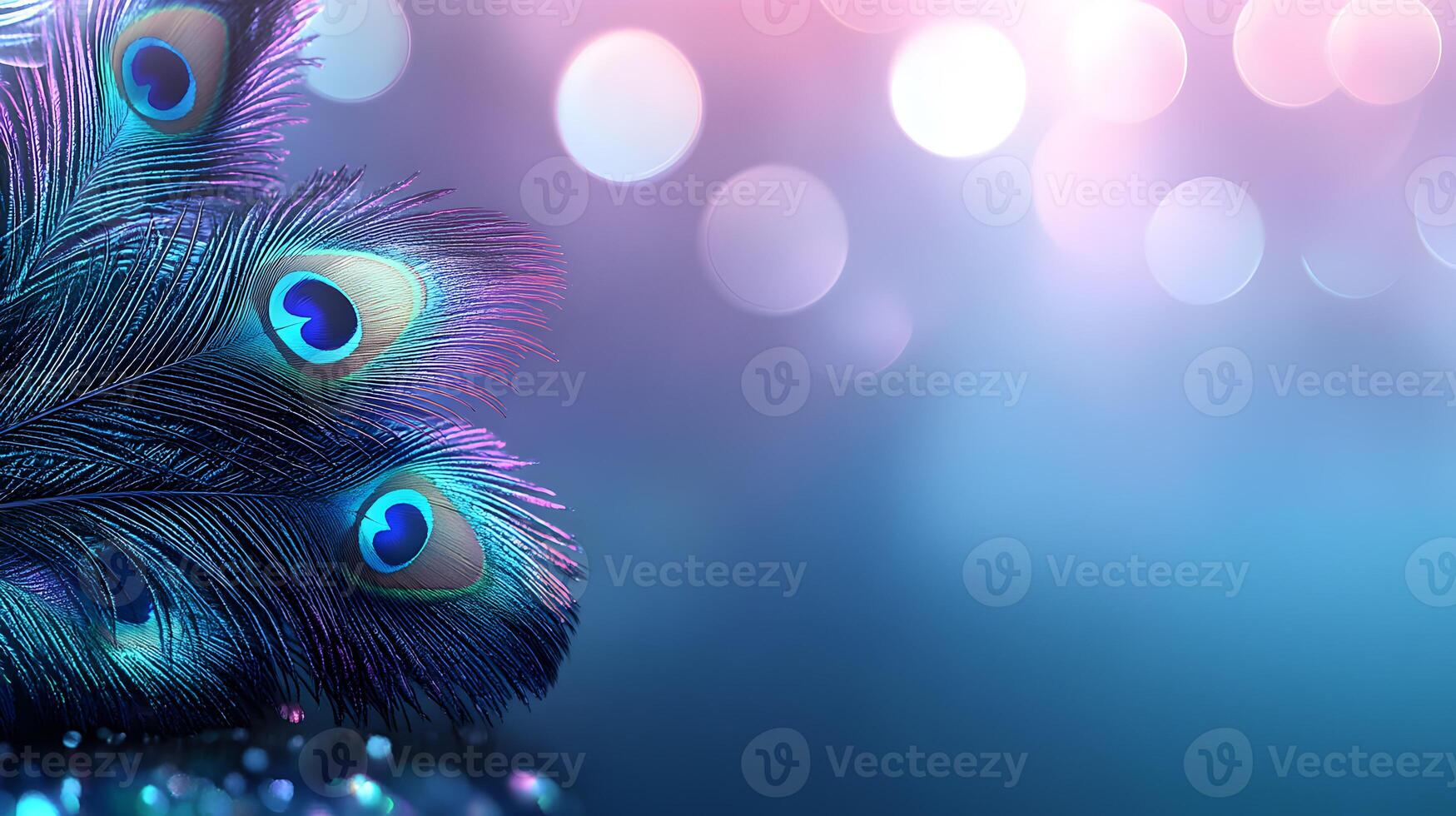 Close-up of iridescent peacock feathers on bokeh background photo
