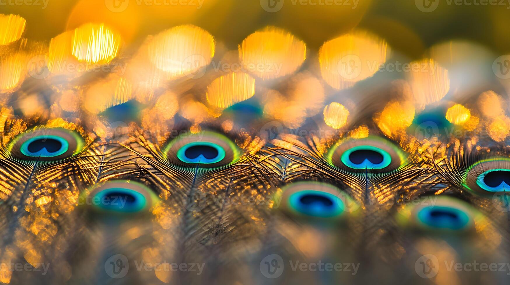 Close-up of Peacock Feathers with Golden Bokeh photo