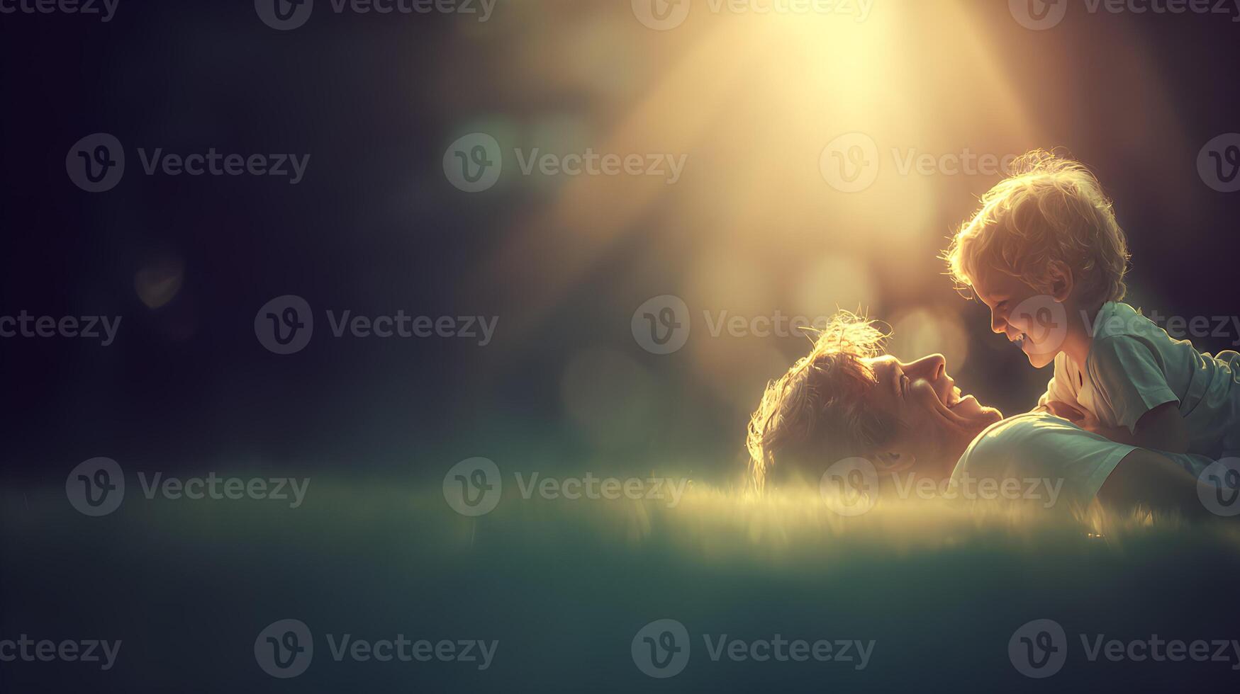 Happy Father and Son Lying in Grass Golden Hour Sunlight photo