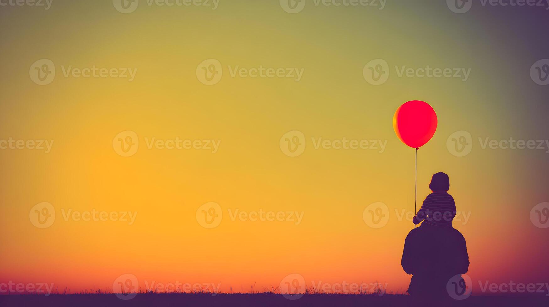 Silhouette Child Sitting Fathers Shoulders Holding Red Balloon Sunset photo