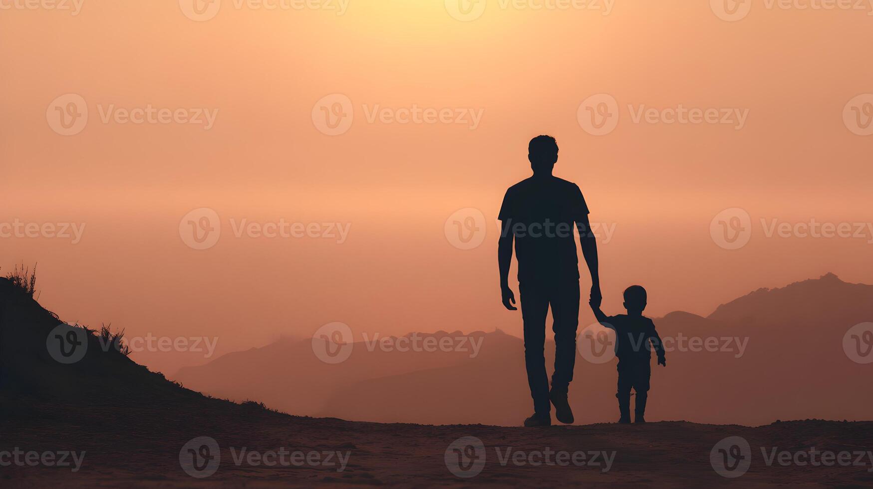 Silhouette Father and Son Walking at Sunset Desert Landscape photo