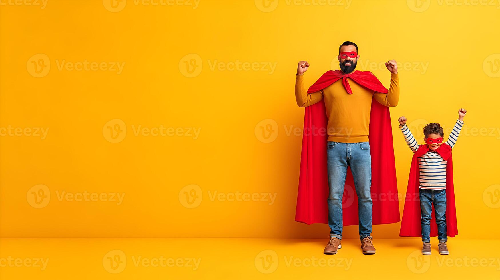 Happy Father and Son Superheroes in Red Capes Against Yellow Background photo