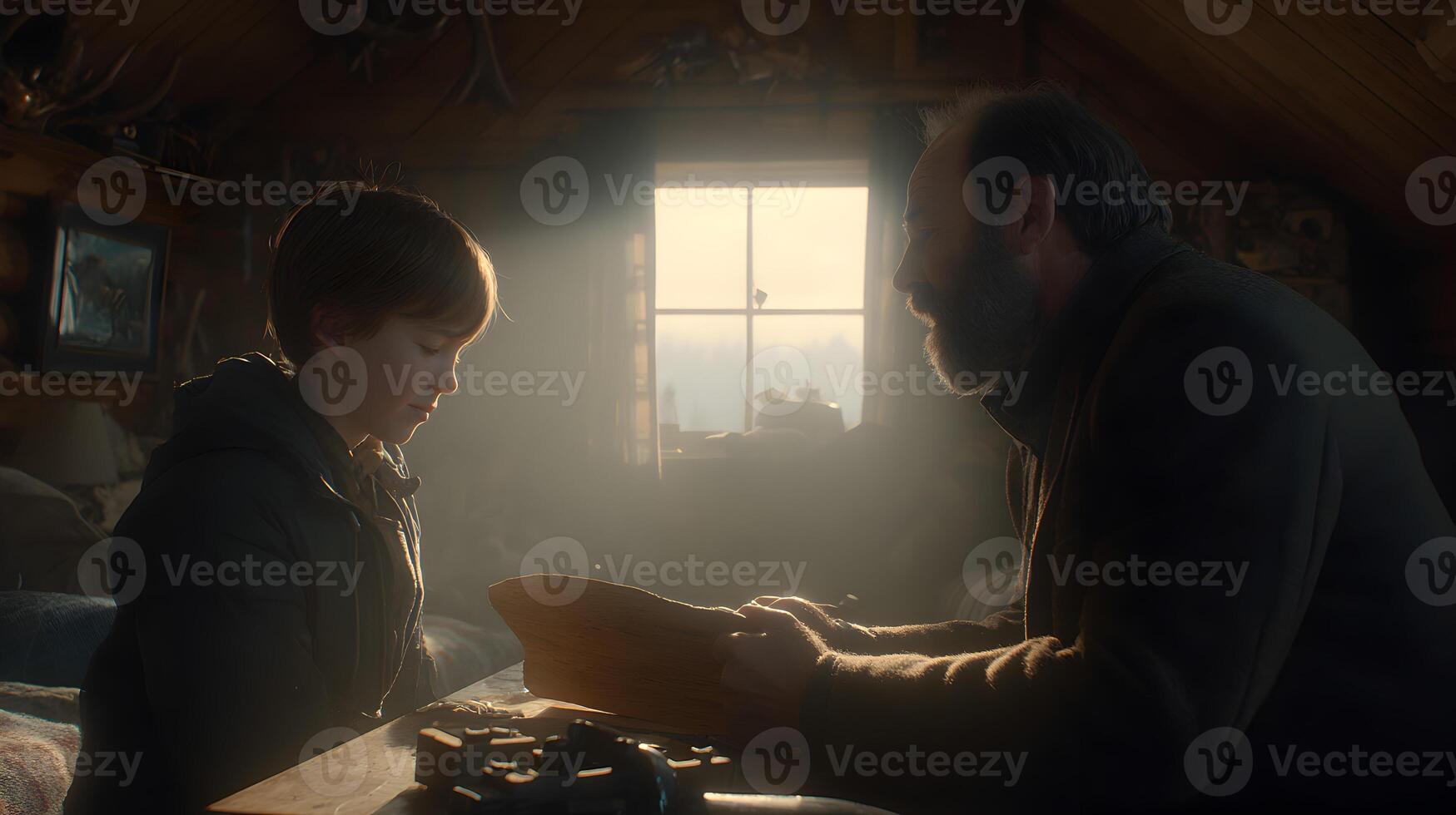 Boy and Grandfather Reading Together in Rustic Attic Room Sunlight photo