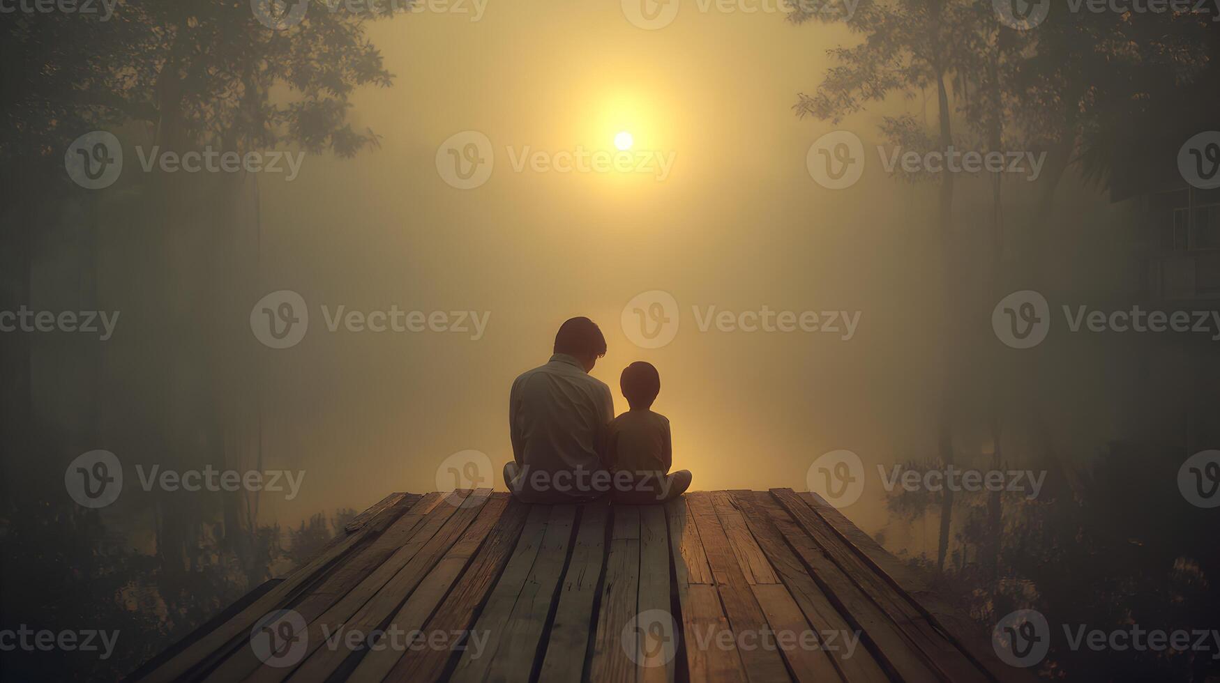 Father and Son Silhouette Misty Sunrise Wooden Dock photo