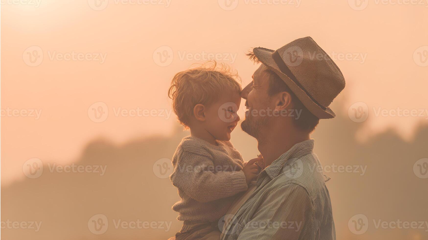 Happy Father and Toddler Son at Sunset Warm Golden Light Family Love photo